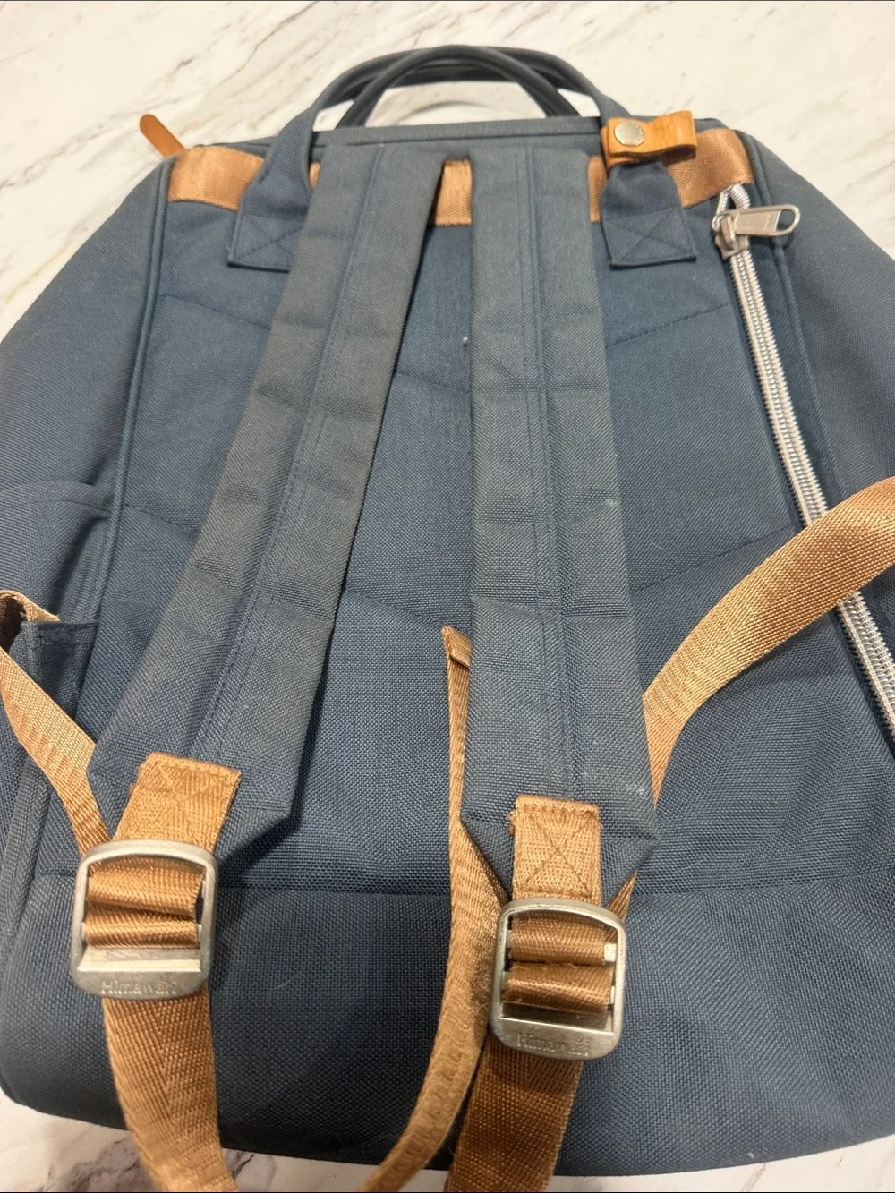 Navy Canvas Baby Backpack with Tan Accent Detailing